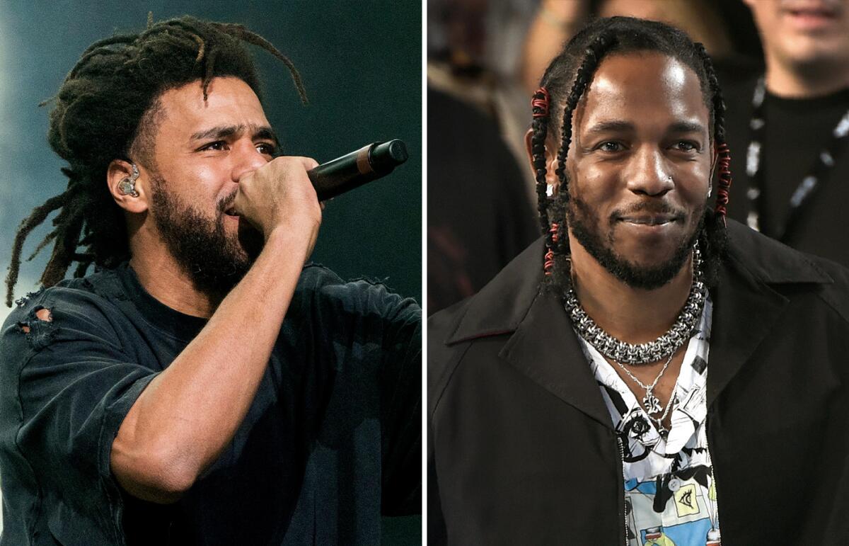 Separate photos of J. Cole in black singing into a mic and Kendrick Lamar grinning in a black jacket, colored shirt and chain