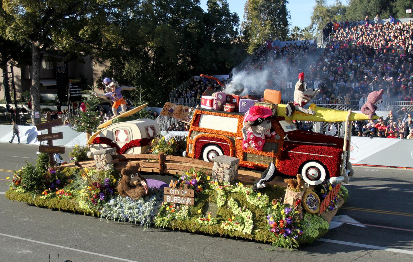 The city of Burbank float "Are We There Yet?" rolls down Orange Grove Avenue during the 2016 Rose Parade in Pasadena on Friday, Jan. 1, 2016.