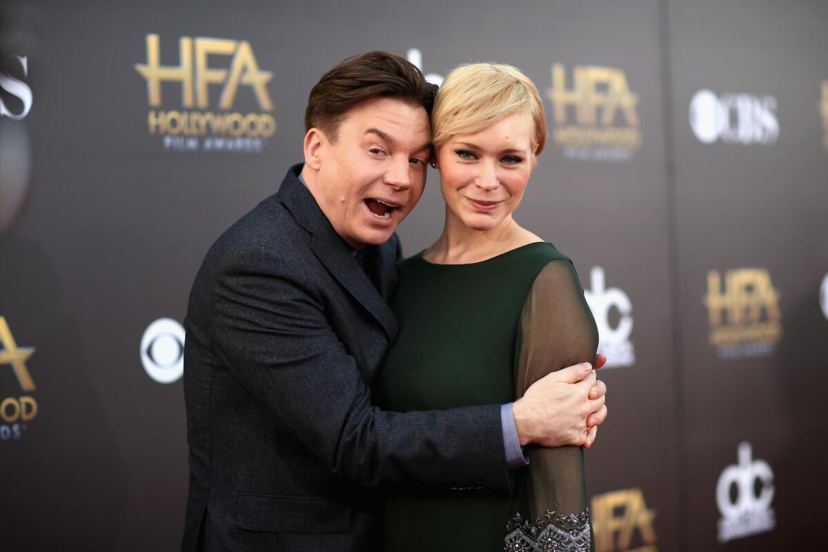 Actor Mike Myers and his wife, Kelly Tisdale, photographed here at the 18th Hollywood Film Awards in November 2014, have welcomed their third child.