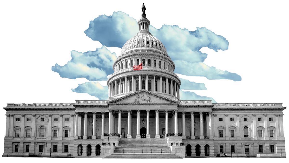 Photo illustration of U.S. Capitol building with blue clouds.