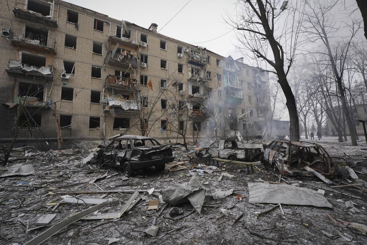 A view of destruction by a Russian rocket attack in a residential neighborhood.