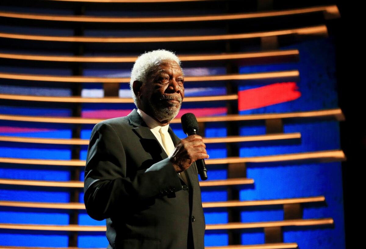 Morgan Freeman speaks onstage during A&E Network's "Shining A Light" concert at The Shrine Auditorium in November.
