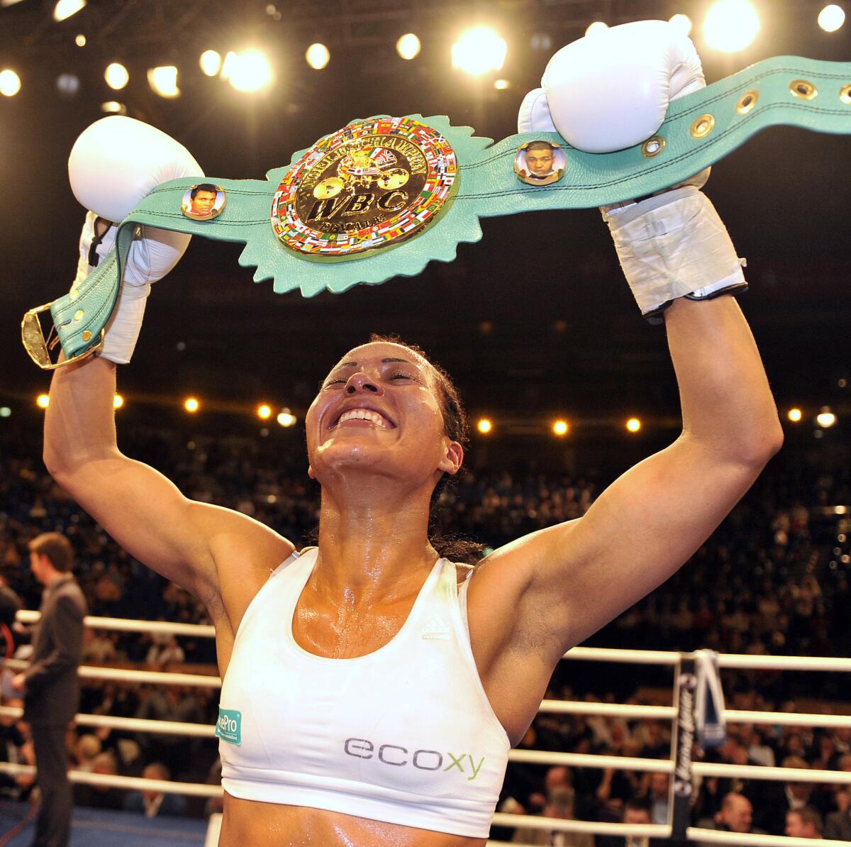 Norwegian boxer Cecilia Braekhus reacts after winning the WBA/WBC female welterweight title fight in Kiel, northern Germany, Saturday, March 14, 2009. Braekhus won the fight after ten rounds.