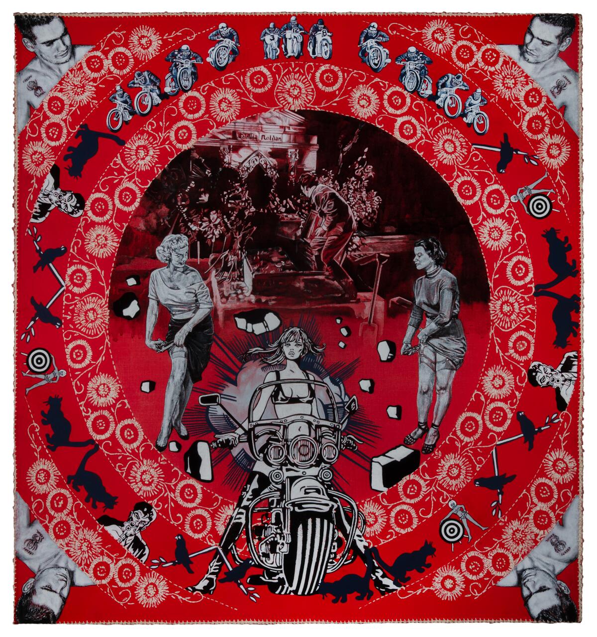 Carole Caroompas' "Dead or Alive," 2001, acrylic on found embroidery on canvas over panel, 30 x 30 inches.
