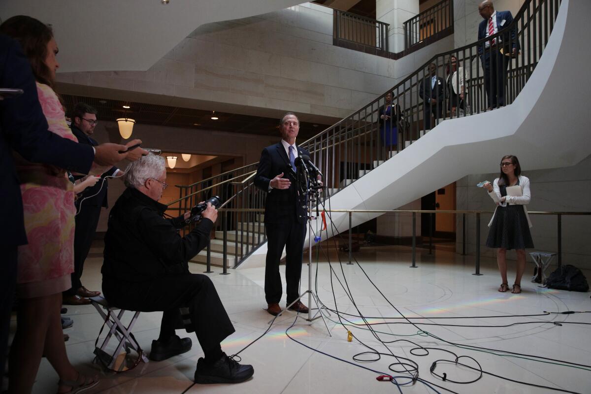 House Intelligence Committee Chairman Adam B. Schiff (D-Burbank) speaks to the media Thursday after a closed-door hearing with Michael Atkinson, the inspector general for the intelligence community. 