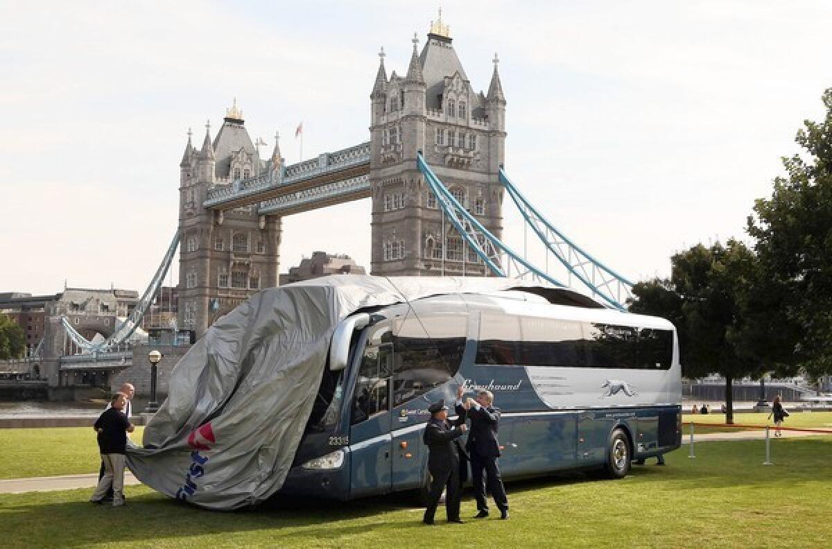 The first Greyhound coach to operate in Britain is unveiled in London in 2009.
