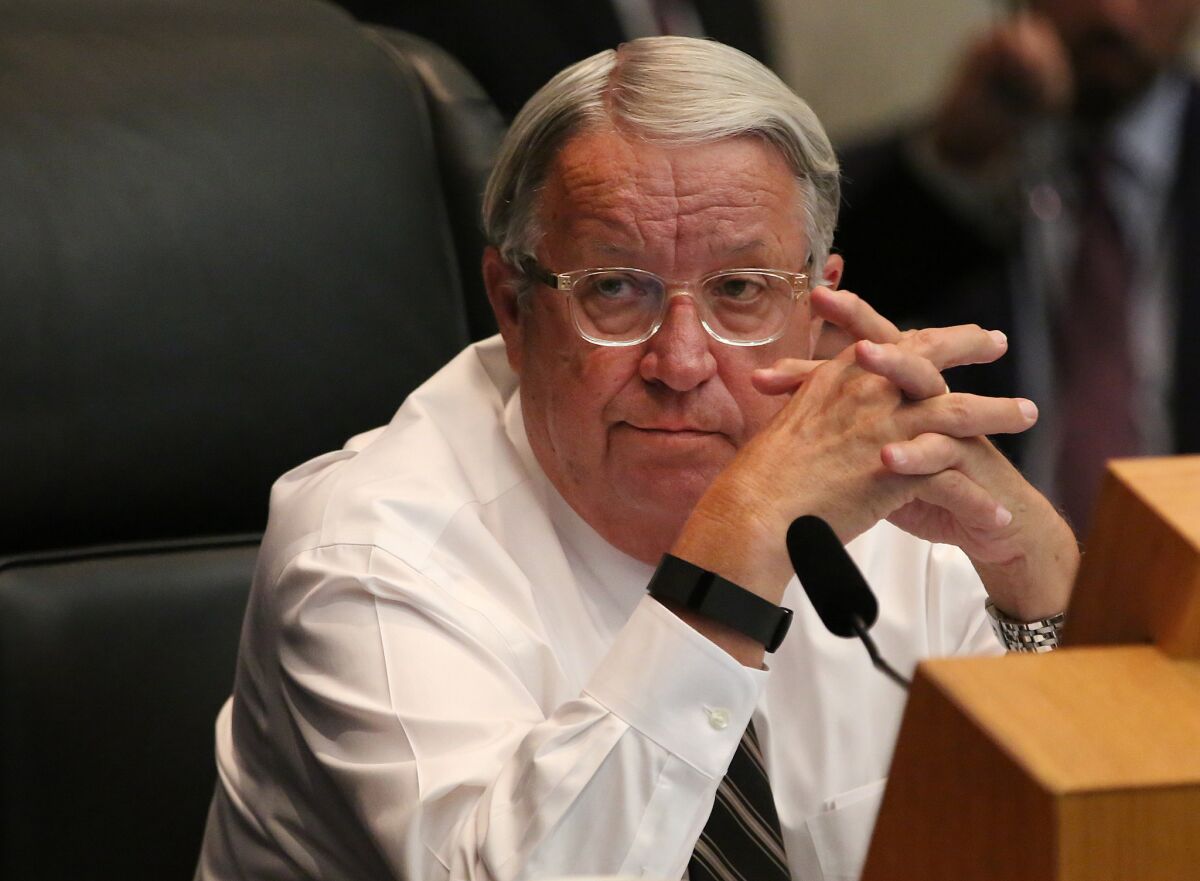 A dispute over accrued vacation pay sought by outgoing Los Angeles County Supervisor Don Knabe, seen in 2015, now is part of a political drama over the ouster of the county counsel.
