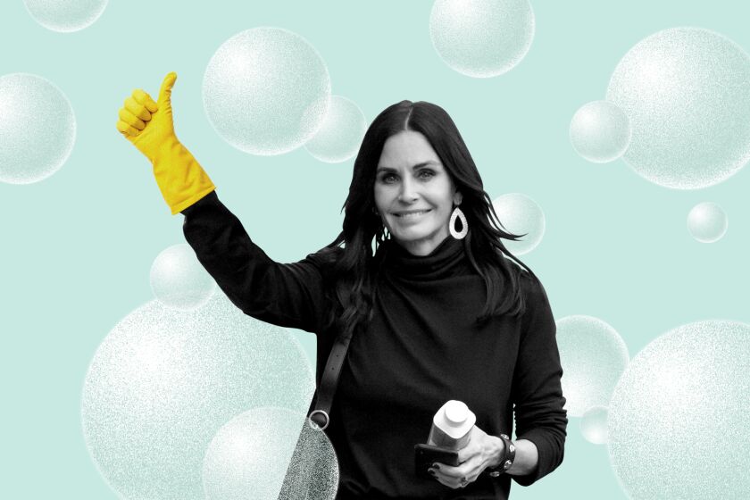 Illustration of Courtney Cox wearing a cleaning glove.