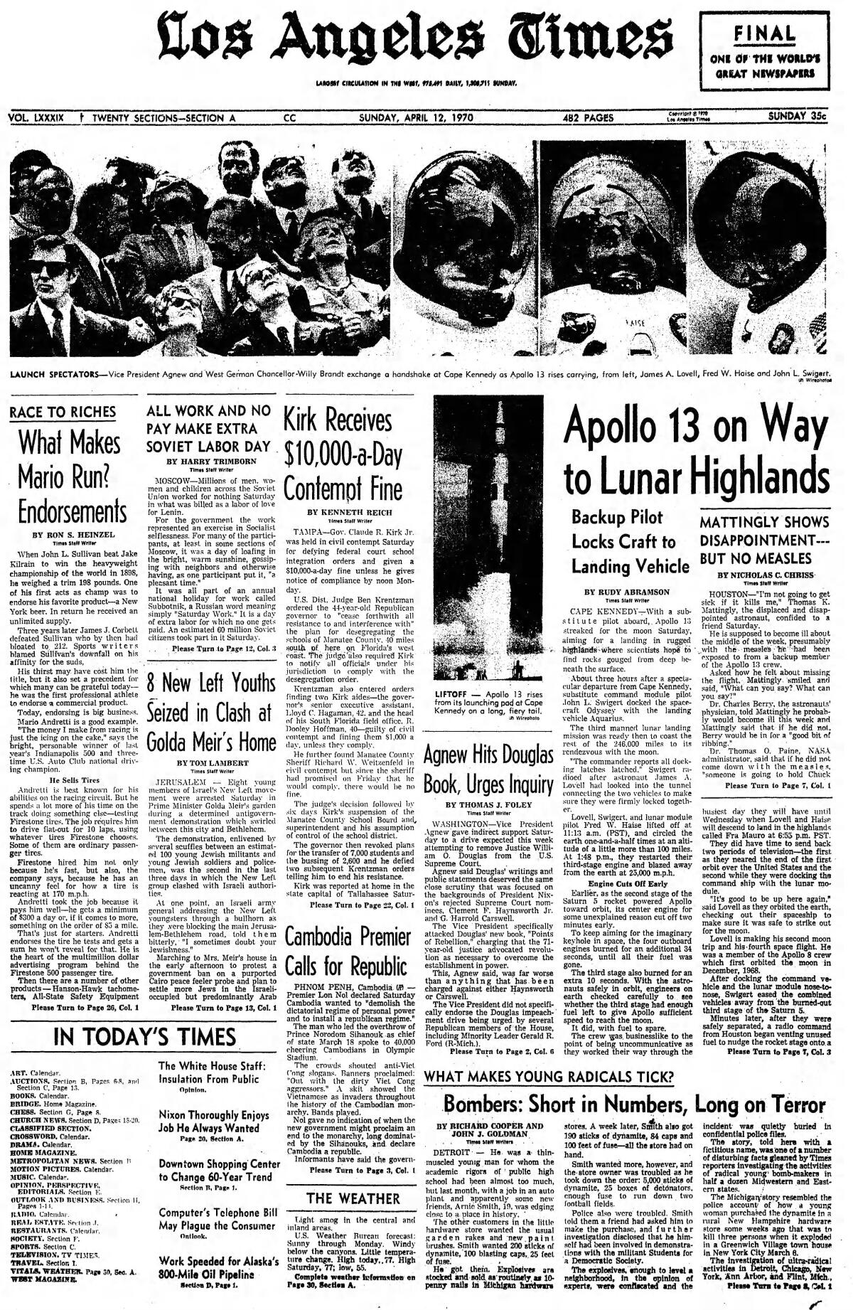 The front page of the Los Angeles Times depicting Apollo 13's launch