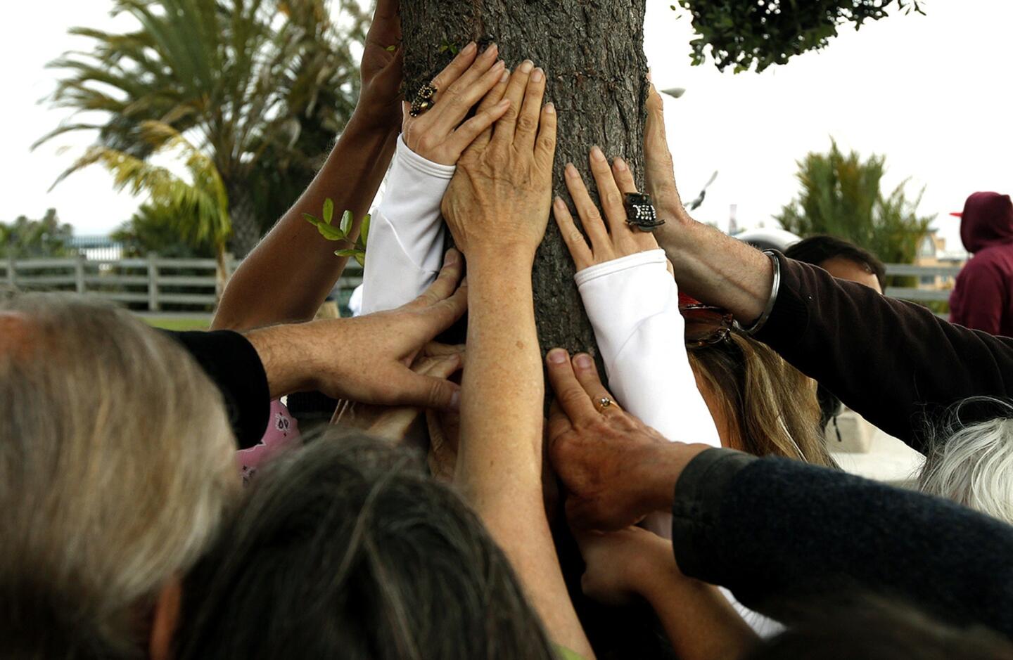 A group of people surround the Children's Tree of Life at Santa Monica Palisades Park during a ceremony in honor of Earth Day.