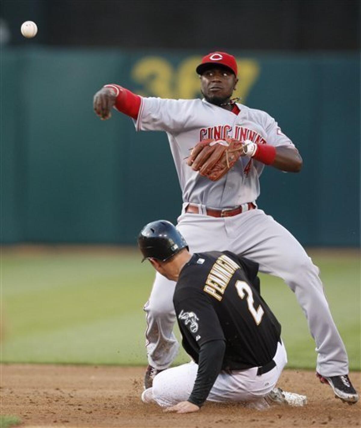 Brandon Phillips (4) throws to first base during the game between