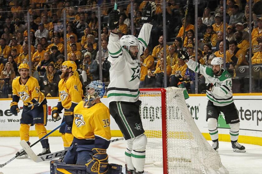 NASHVILLE, TENNESSEE - APRIL 20: Alexander Radulov #47 of the Dallas Stars celebrates with teammate Jamie Benn #14 after scoring a goal against goalie Pekka Rinne #35 of the Nashville Predators during the second period of Game Five of the Western Conference First Round during the 2019 NHL Stanley Cup Playoffs at Bridgestone Arena on April 20, 2019 in Nashville, Tennessee. (Photo by Frederick Breedon/Getty Images) ** OUTS - ELSENT, FPG, CM - OUTS * NM, PH, VA if sourced by CT, LA or MoD **
