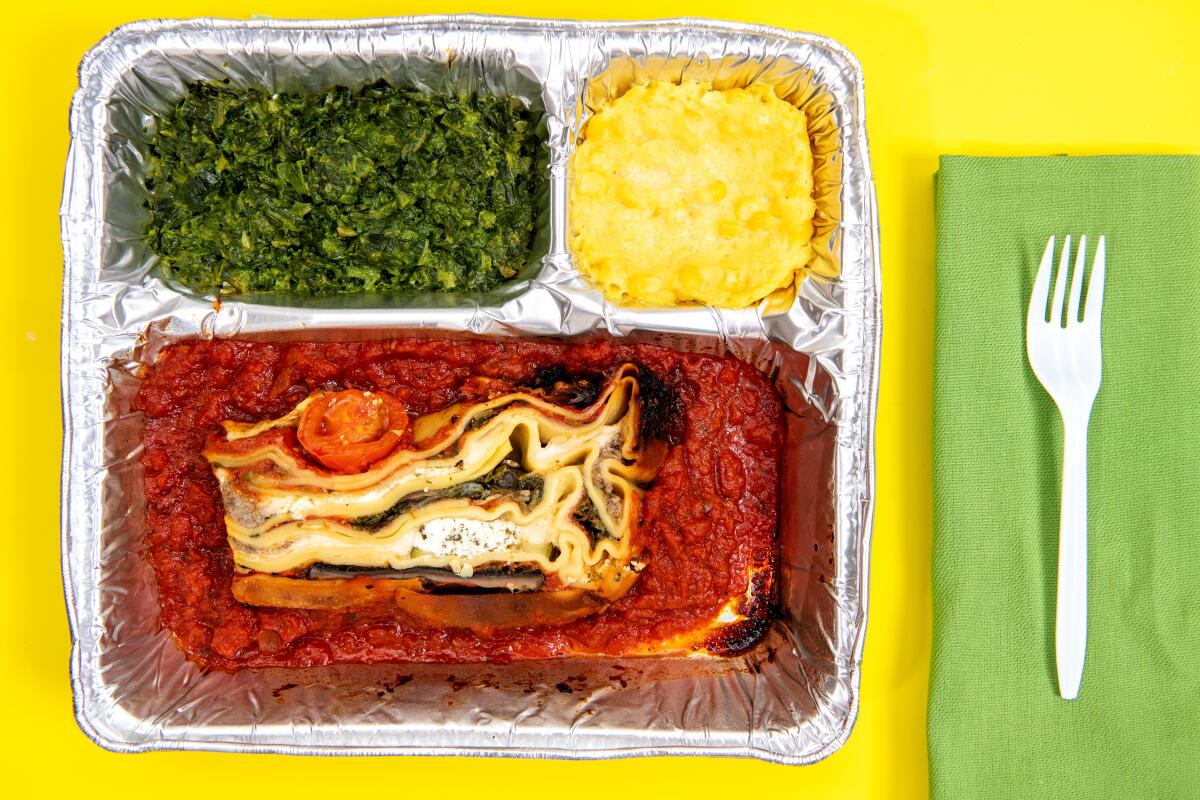 A vegetable lasagna TV dinner from Dear John's, sold at Röckenwagner market.