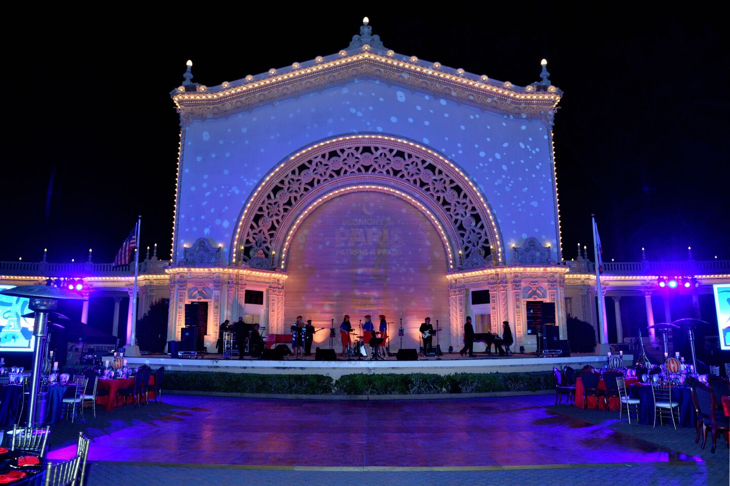 The stage is set for Patrons of the Prado's 2021 Masterpiece Gala, "Midnight in Paris," on Oct. 9 at the Spreckels Organ Pavilion in Balboa Park.