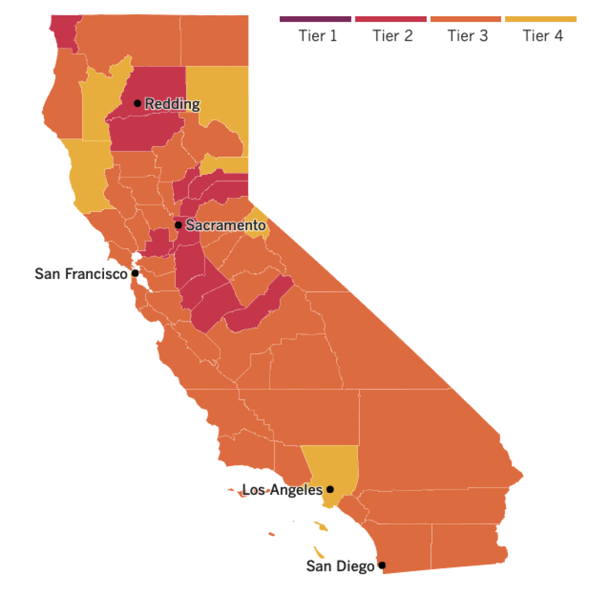 A map of California showing most counties in orange, 12 in red and seven in yellow.