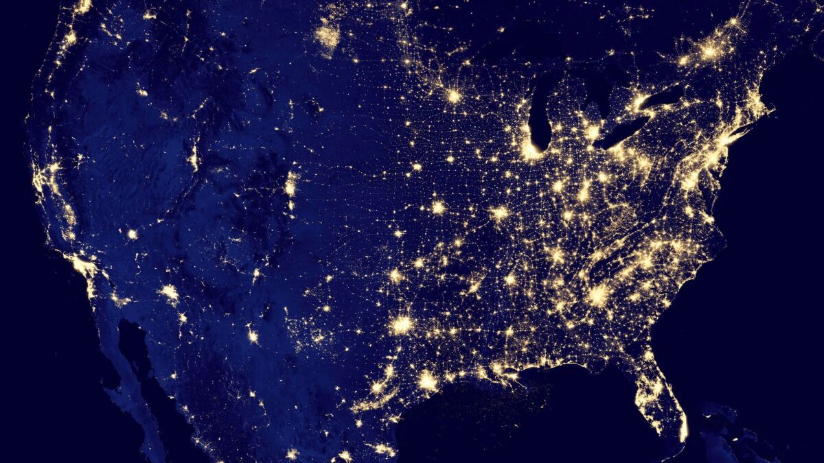 NASA created this composite image of the U.S. that shows the brightest and darkest places in the country at night. The agency used data from satellites to create the map.