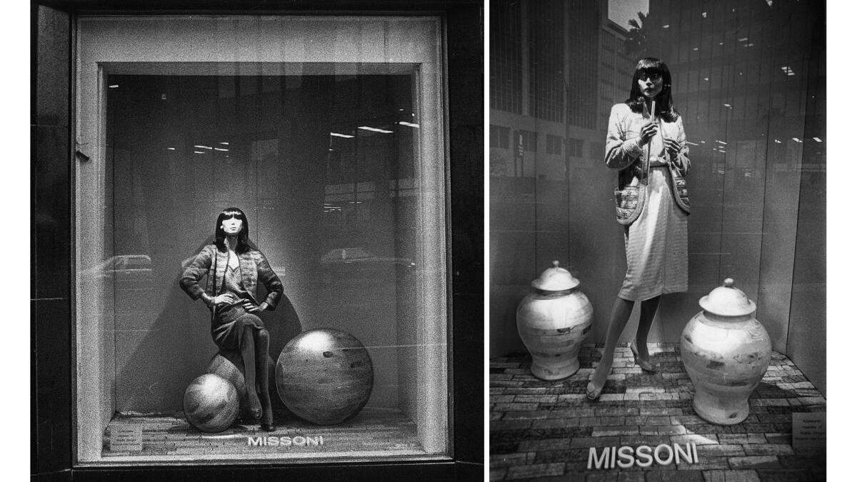 March 12, 1980: Window displays at Saks Fifth Avenue in Beverly Hills take a traditional and conservative approach.