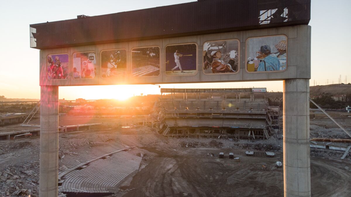 The sun sets over the final remains of San Diego Stadium on Feb. 26, 2021.