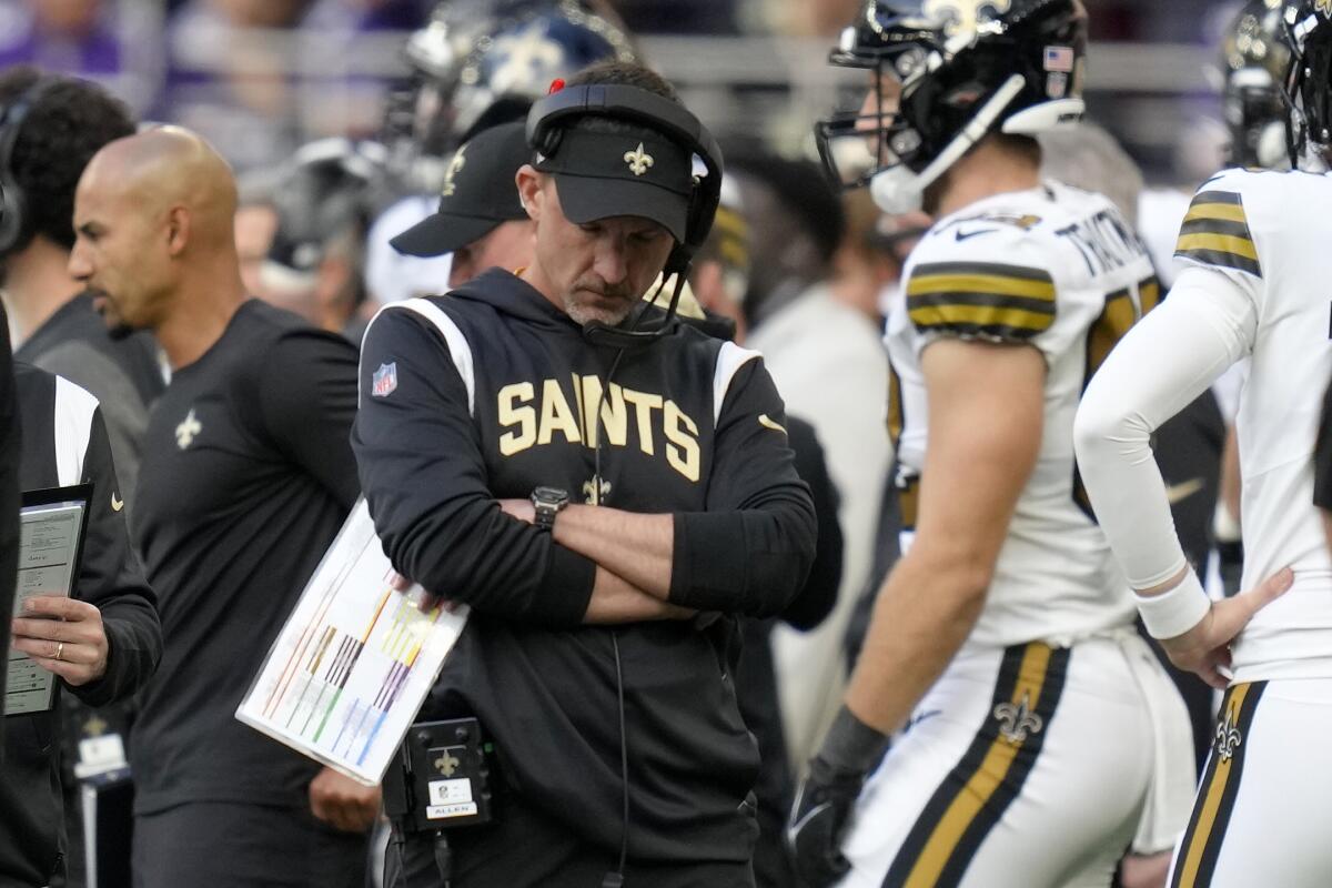 New Orleans Saints head coach Dennis Allen reacts on the sidelines during an NFL match between Minnesota Vikings and New Orleans Saints at the Tottenham Hotspur stadium in London, Sunday, Oct. 2, 2022. (AP Photo/Kirsty Wigglesworth)