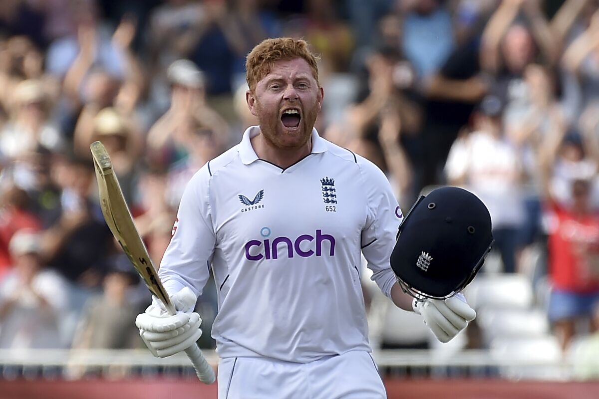England's Jonny Bairstow celebrates scoring a century during the fifth day of the second cricket test match between England and New Zealand at Trent Bridge in Nottingham, England, Tuesday, June 14, 2022. (AP Photo/Rui Vieira)