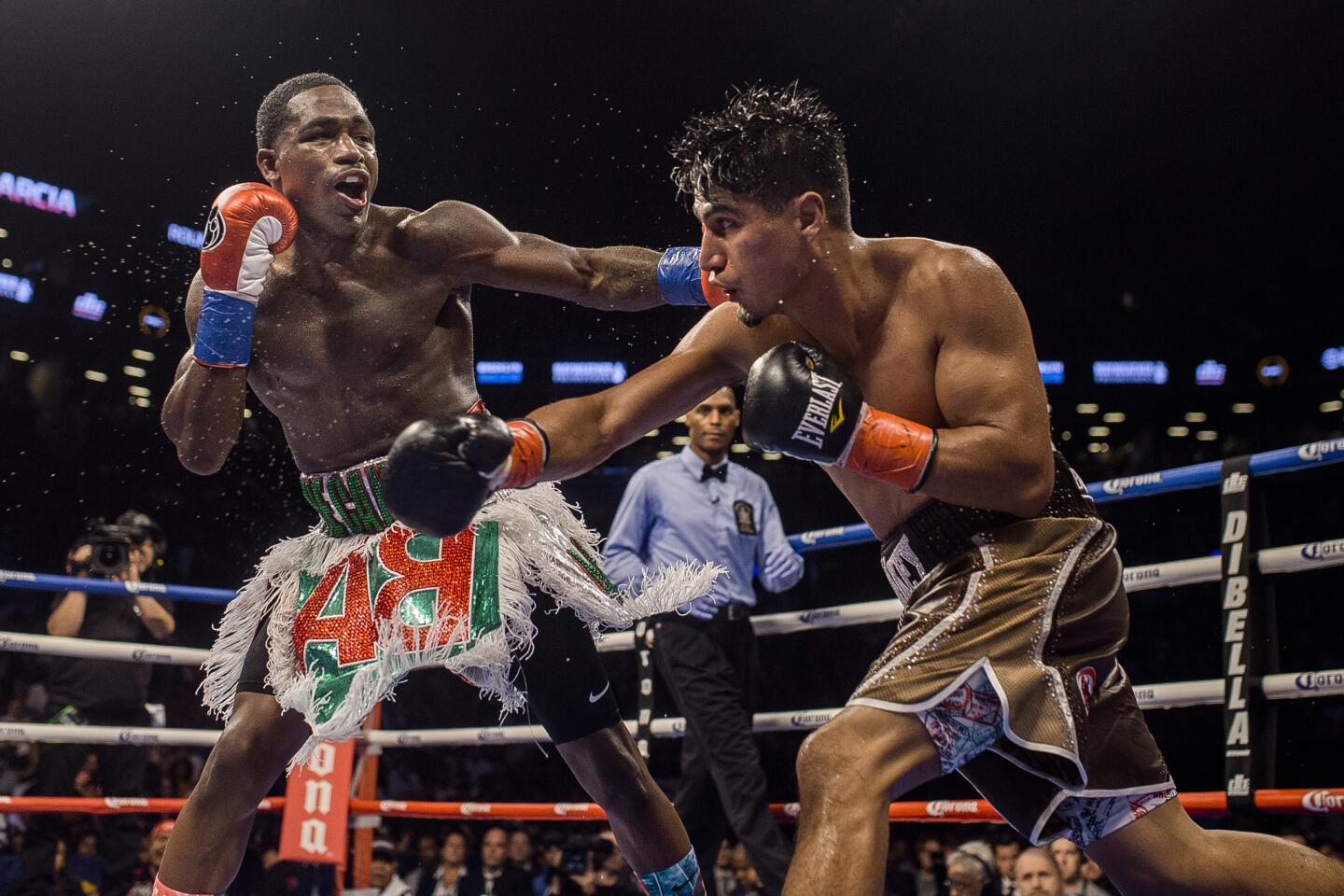 FILE - In this May 3, 2014, file photo, boxer Adrien Broner reacts during his WBA super lightweight title fight against Carlos Molina in Las Vegas. Broner has another chance - maybe his last - to prove he can still be one of boxing's brightest stars. But he has to beat undefeated Mikey Garcia, who moves up to 140 pounds for their bout Saturday, July 29, 2017, in Brooklyn, N.Y. (AP Photo/Isaac Brekken, File)