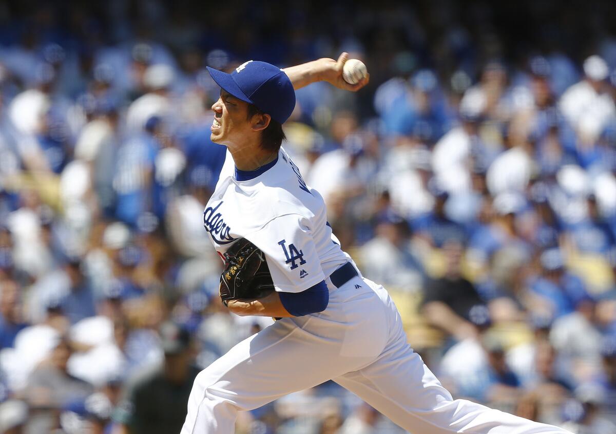 Los Angeles Dodgers starting pitcher Kenta Maeda has a shut out the Arizona Diamondbacks through five innings of play on the opening day at Dodger Stadium.
