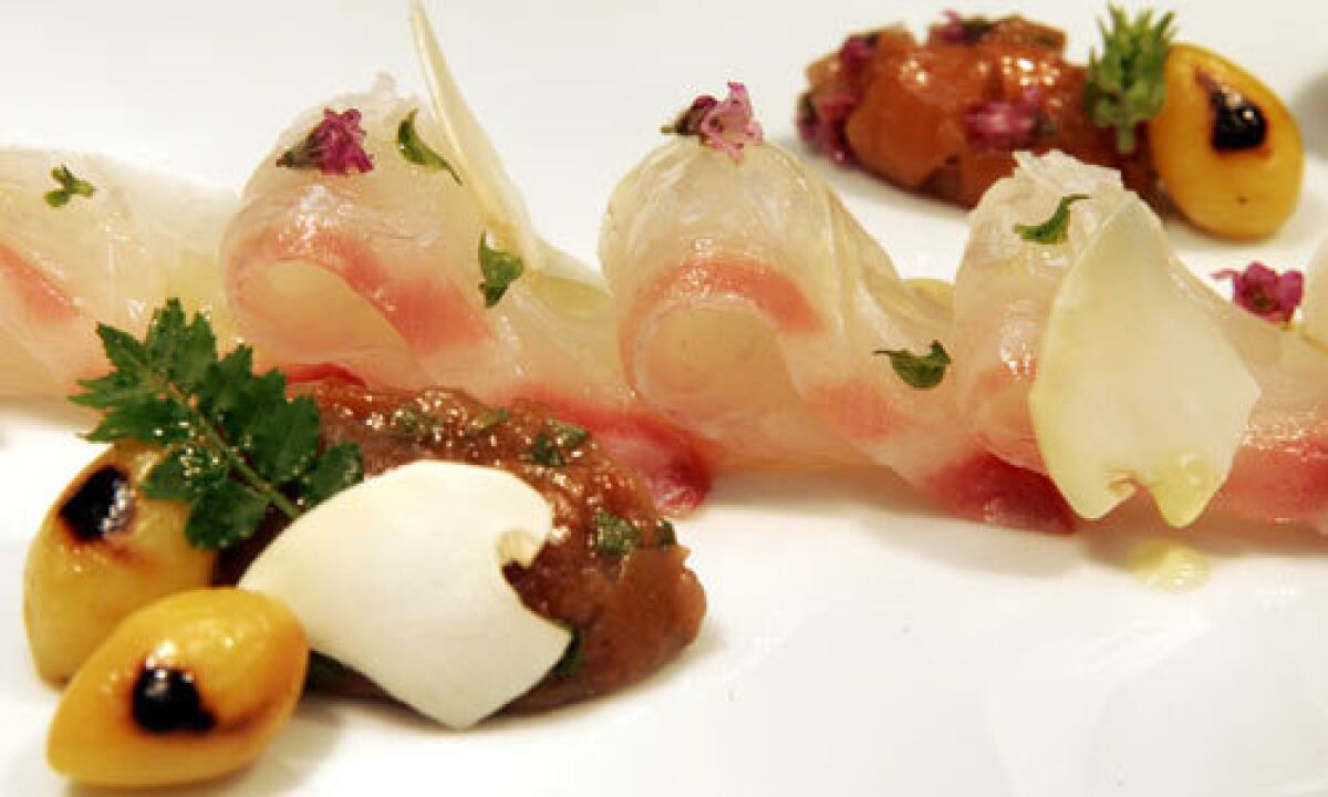 The dish Thai snapper sashimi with umeboshi quenelle.