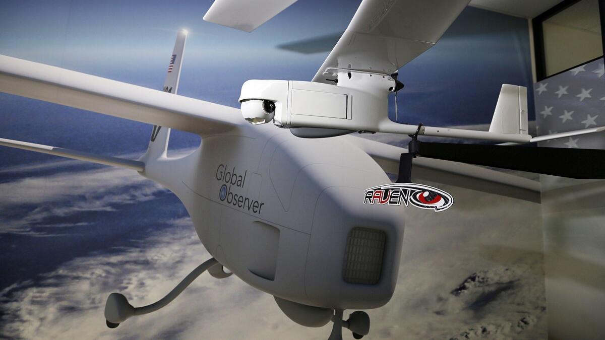 The Raven drone, displayed at AeroVironment in Simi Valley on May 13, 2015, can be used for surveillance for commercial and military operations.