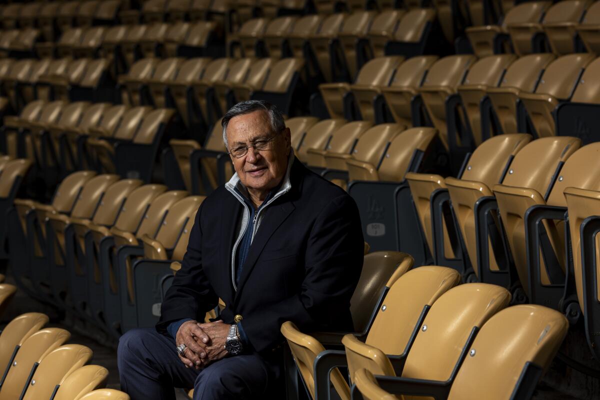 Jaime Jarrín, the Spanish-language voice of the Dodgers, poses for a portrait at Dodger Stadium in May 2019.