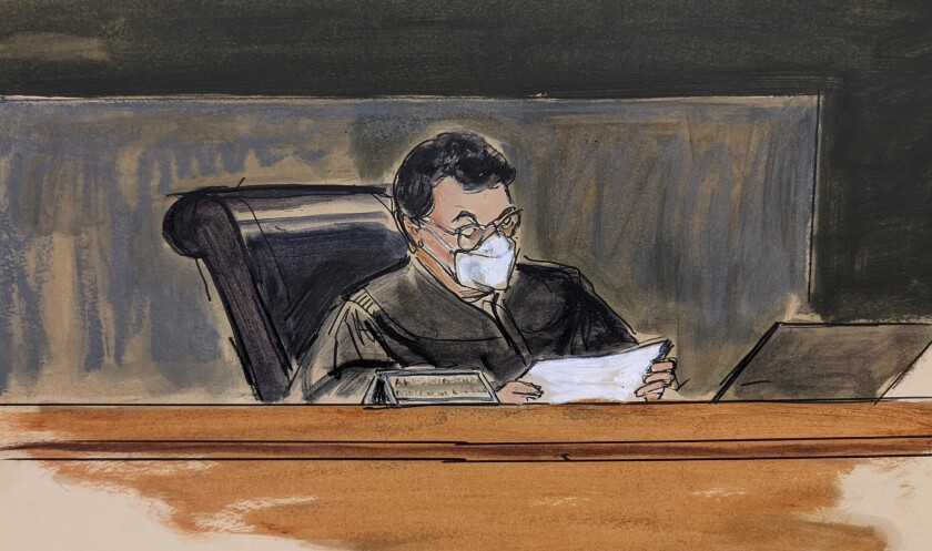 FILE - This courtroom sketch shows Judge Alison Nathan reading the guilty verdict against Ghislaine Maxwell in her sex trafficking trial, Wednesday Dec. 29, 2021, in New York. A federal judge has ruled that Maxwell's bid for a new trial must be aired out in the open. In her Friday, Feb. 11 ruling, Nathan denied a request to keep motions for a new trial under seal. (Elizabeth Williams via AP, File)