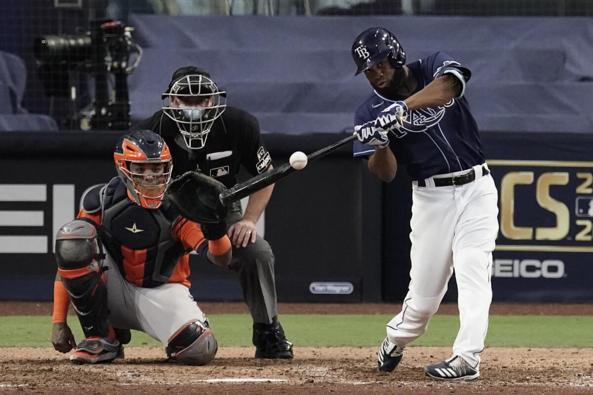 Tampa Bay Rays' Manuel Margot hits a solo home run.