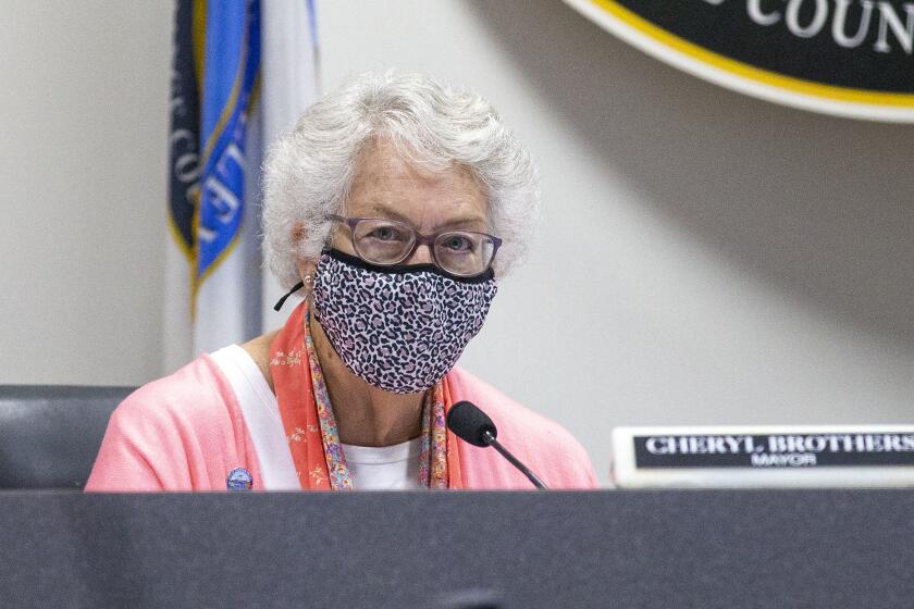 Fountain Valley Mayor Cheryl Brothers speaks during a city council meeting on Tuesday, August 18.