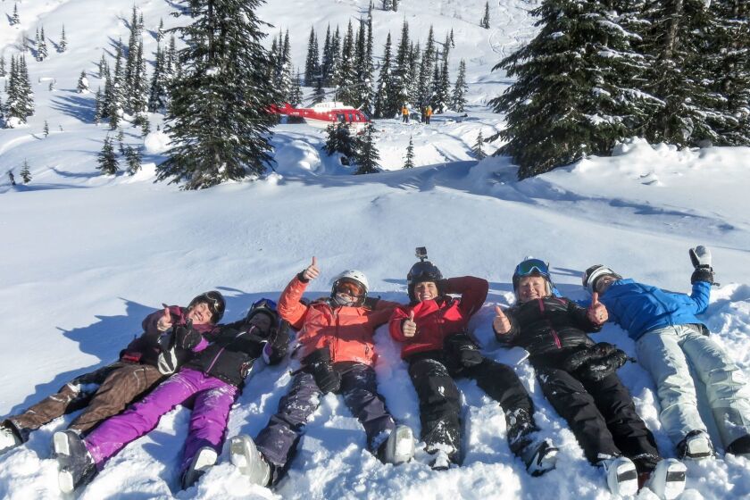 The women's powder-intro group having fun on the slopes in British Columbia's Cariboo Mountains.