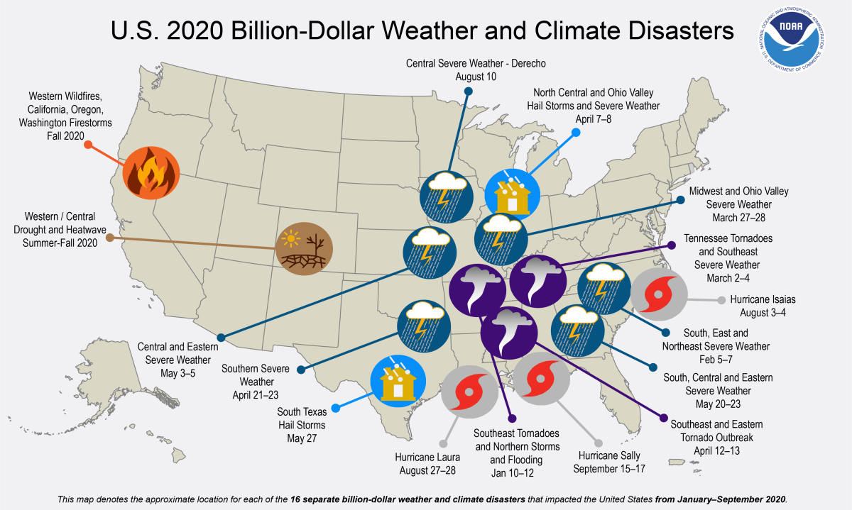 Map of billion-dollar weather and climate disasters in 2020 includes fires, drought, tornadoes, hurricanes and storms