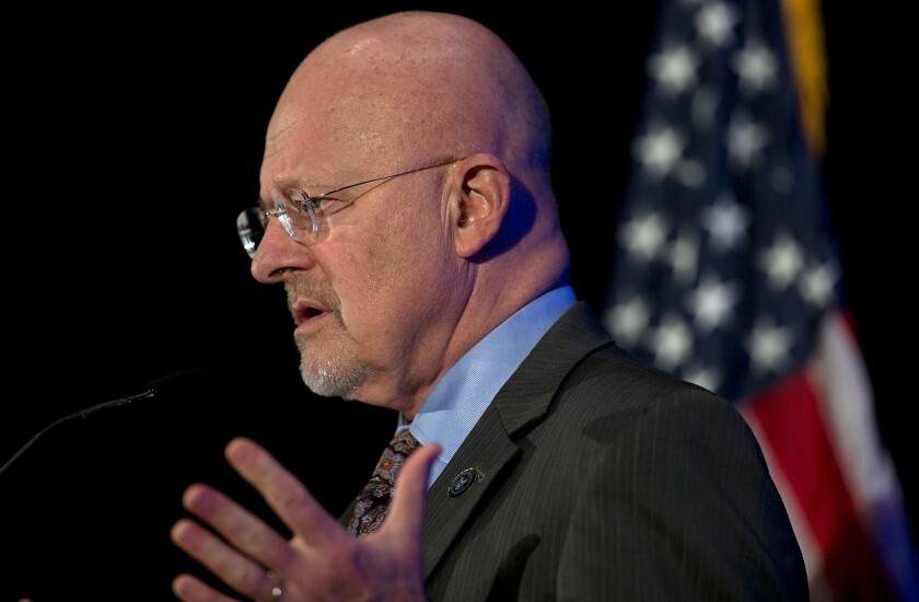 Director of National Intelligence James Clapper speaks Thursday at the Intelligence and National Security Alliance's Intelligence Community Summit in Washington.
