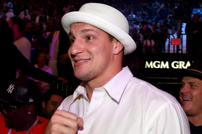 New England Patriots tight end Rob Gronkowski attends the Floyd Mayweather Jr.-Manny Pacquiao title bout at the MGM Grand in Las Vegas on May 2.