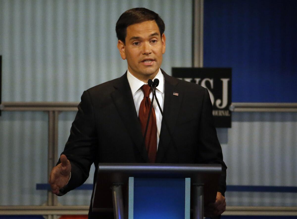 Marco Rubio speaks during Republican presidential debate at the Milwaukee Theatre.