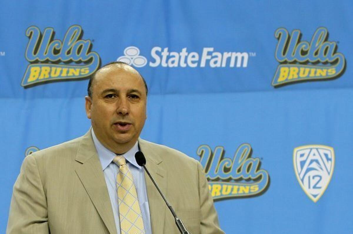 UCLA Athletic Director Dan Guerrero introducing Steve Alford on Tuesday as the Bruins' new basketball coach.