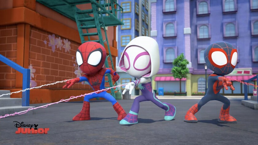 Three cartoon kids in Spider-Man uniforms.
