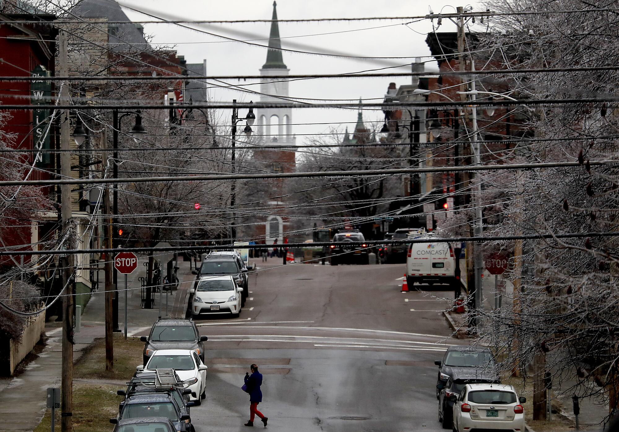 Icicles hang from power lines crossing over Church Street in Burlington, Vt., the hometown of presidential candidate and U.S. Sen. Bernie Sanders. Burlington, a city of about 43,000 people, runs entirely on renewable energy.  