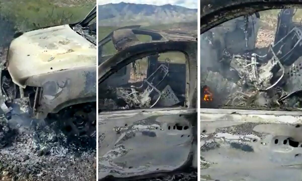Images from video show one of the vehicles attacked by an armed group in northern Mexico. At least nine people who had U.S. citizenship, including six children, were killed.