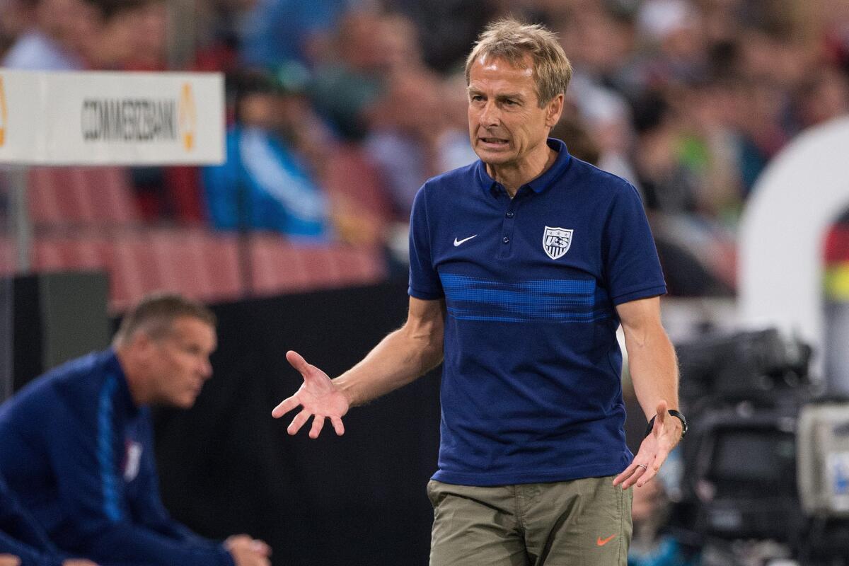 United States coach Juergen Klinsmann during an international friendly soccer match against Germany on June 15, 2015.