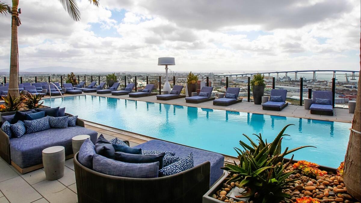 This is the pool area and view on the 18th of the Alexan ALX luxury apartments at 14th and K Streets in Downtown San Diego, California.