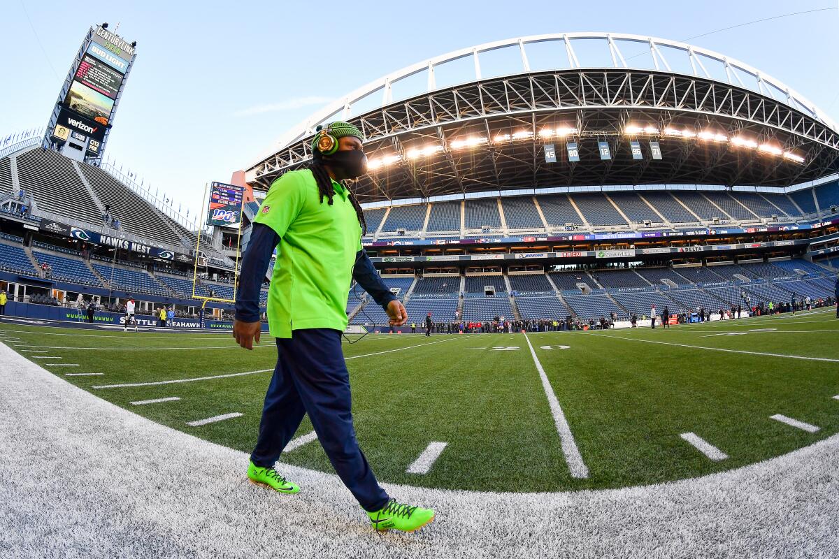 Seattle Seahawks running back Marshawn Lynch warms up before Sunday's game against the San Francisco 49ers.