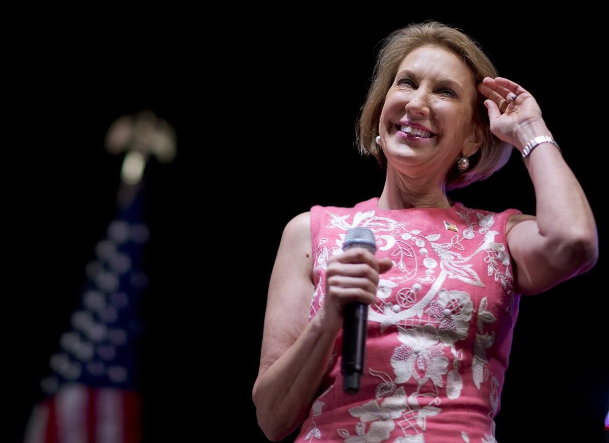 Republican presidential candidate Carly Fiorina speaks at the RedState Gathering on Friday in Atlanta.