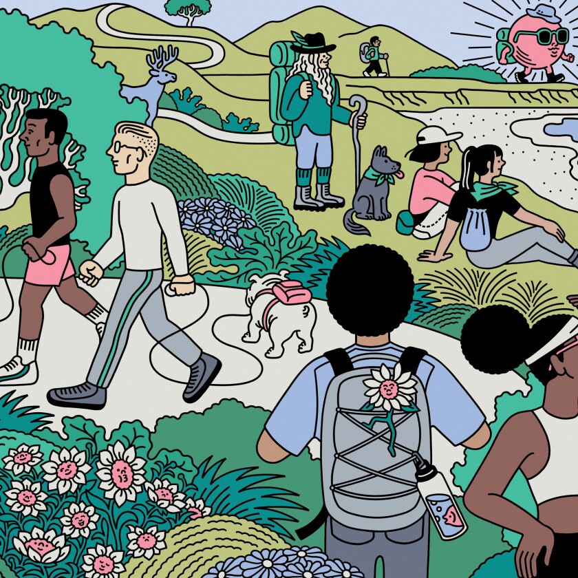 An illustration of people outdoors, some with backpacks, hiking, walking dogs, and sitting and enjoying the view.