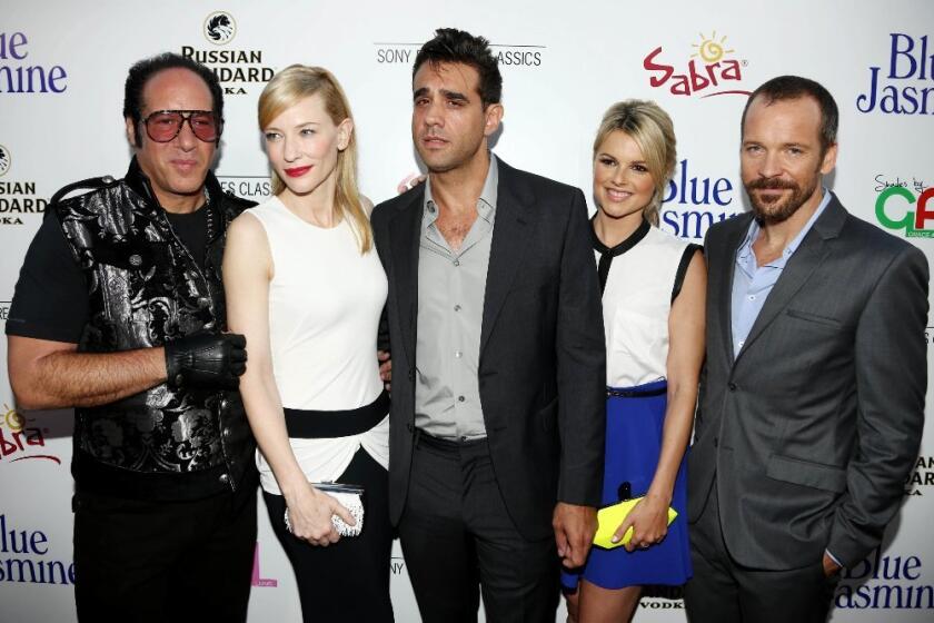 "Blue Jasmine" cast members Andrew Dice Clay, left, Cate Blanchett, Bobby Cannavale, Ali Fedotowsky and Peter Sarsgaard pose together at the Los Angeles premiere of the Woody Allen movie.