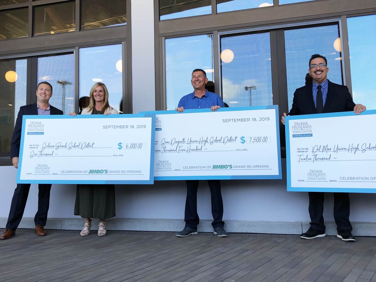 In recognition of the Jimbo's opening, Del Mar Highlands Town Center donated $25,500 to the Solana Beach School District, San Dieguito Union School District and Del Mar Union School District.