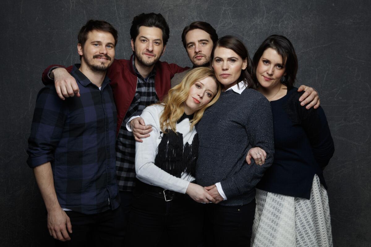 Jason Ritter, left, Ben Schwartz, Natasha Lyonne, Vincent Piazza, Clea DuVall and Melanie Lynskey of "The Intervention."