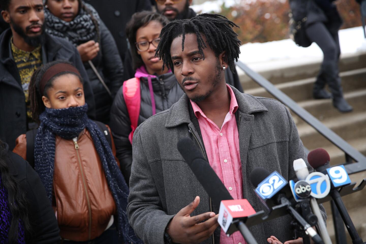 Malcolm London speaks during a news conference with African-American activists at the 2nd District Chicago Police Department headquarters on Nov. 23, 2015. The group gathered to talk about the impending release of a video showing the fatal police shooting of Laquan McDonald, 17.